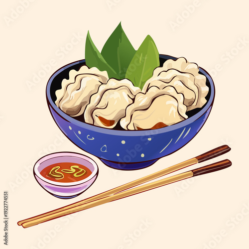 Bowl of juicy steamed dumplings with green leaves and a side of savory dipping sauce with wooden chopsticks Vector Illustration