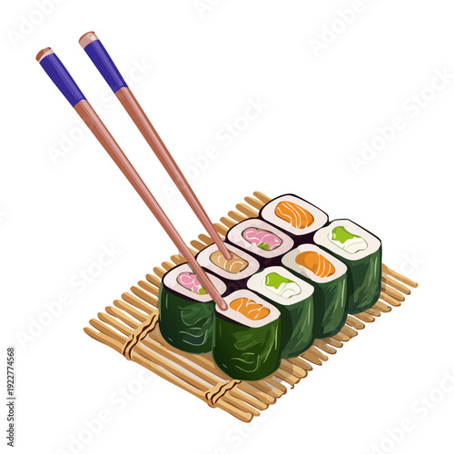 Assorted colorful maki sushi rolls served on a bamboo mat with chopsticks showing variety in japanese seafood cuisine Vector Illustration
