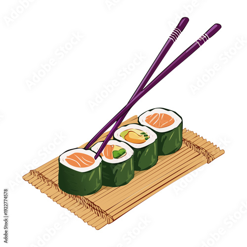 Row of delicious salmon maki sushi rolls served on a bamboo mat with chopsticks for a healthy meal Vector Illustration
