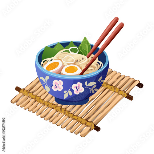 Blue bowl of ramen noodles with boiled eggs served on a bamboo mat with red wooden chopsticks Vector Illustration
