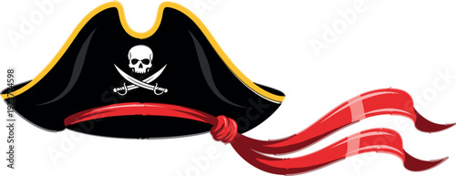 Pirate captain hat with skull and crossbones and flowing red bandana ribbon isolated on white background, nautical adventure vector illustration