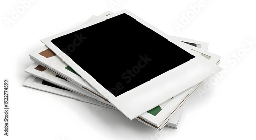 Stack of instant photo prints with blank and colorful images on white frames