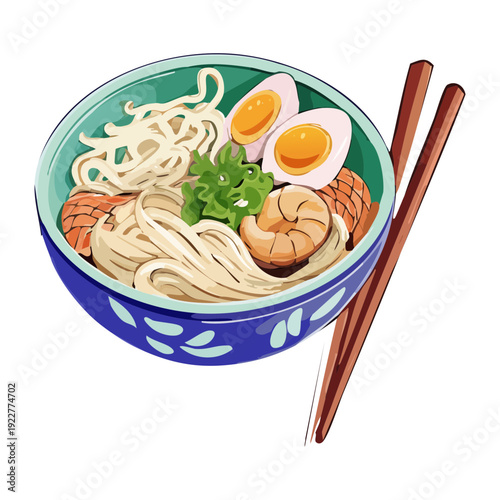 Bowl of ramen noodles with soft boiled eggs and mushrooms served with dark wooden chopsticks for lunch Vector Illustration
