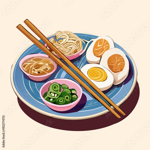 Ramen bowl with multiple soft boiled eggs and fresh herbs served with blue chopsticks for authentic dining Vector Illustration