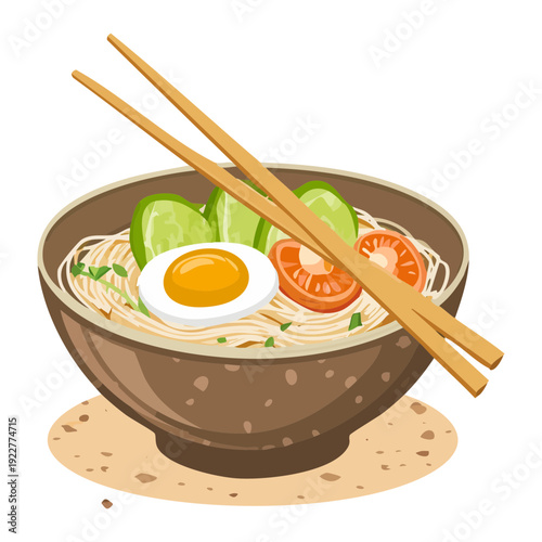 Large bowl of ramen noodles with vegetables and boiled eggs featuring authentic japanese flavors and wooden chopsticks Vector Illustration