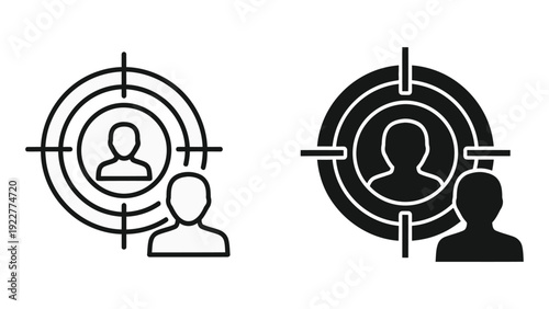 Set of user icons clearly displayed inside target cross hairs representing audience focus and selection concepts