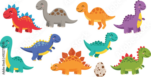 Cute Cartoon Dinosaurs Vector Set with Colorful Baby Dino Characters and Egg Isolated Prehistoric Collection for Kids Design