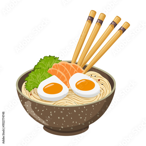 Rice bowl topped with salmon and boiled eggs served with four chopsticks in a unique presentation style Vector Illustration