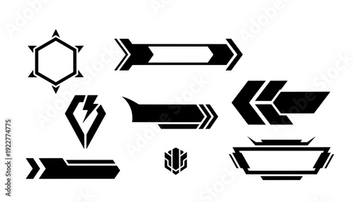Set of black geometric lower thirds, tech banners, futuristic esport UI badges, and blank stream overlays for modern gaming broadcast web design