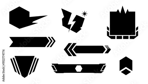 Collection of black sci-fi gaming UI banners, geometric shields, tech lower thirds, and futuristic text panels for esport livestreaming overlays