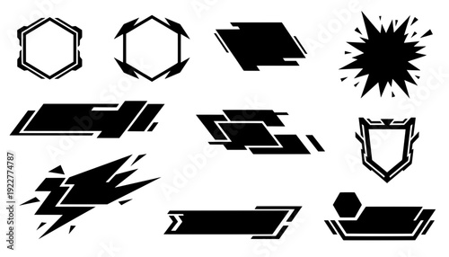 Set of black geometric banners, shields, burst shapes, and abstract tech UI elements for esport livestreams, gaming overlays, and modern web design