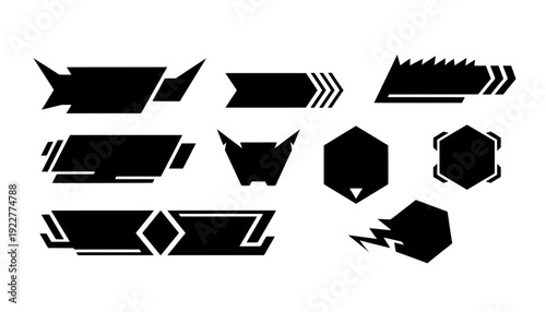 Set of black cyber lower thirds, esport livestream banners, geometric UI frames, and blank tech panels for modern gaming broadcast overlay templates
