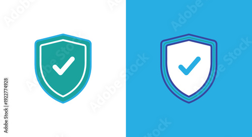 Shield Icons with Checkmarks in Modern Minimalist Design on White and Blue Backgrounds for Security Branding