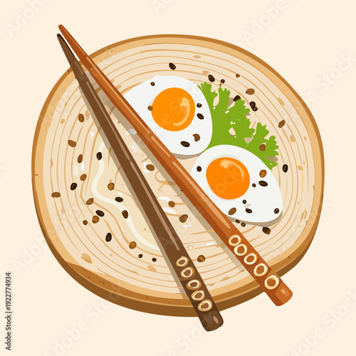 Woven plate of noodles with fried eggs and chopsticks showing a rustic and traditional asian meal Vector Illustration
