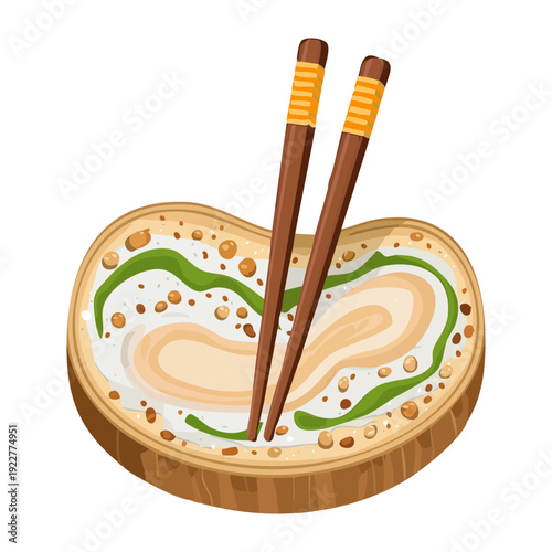 Decorative bowl of noodles with green herbs served with traditional wooden chopsticks for a healthy lunch Vector Illustration
