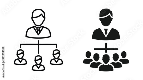 These two distinct icons clearly illustrate a business organizational hierarchy with a manager overseeing their team members effectively