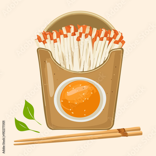 Takeout box of ramen noodles with eggs and greens served with wooden chopsticks and steam Vector Illustration