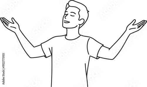 Confident young man with open arms gesture, black and white line art illustration of freedom success and positivity concept