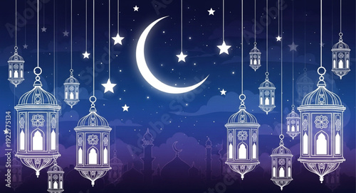 Ramadan Kareem crescent moon and hanging lanterns with stars.