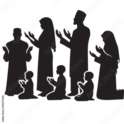 Black Muslim family prayer together Silhouette Vector, High Quality Illustration on White Background