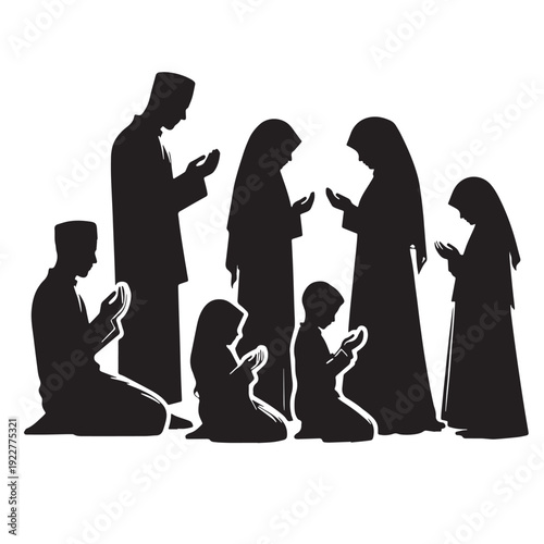 Black Muslim family prayer together Silhouette Vector, High Quality Illustration on White Background