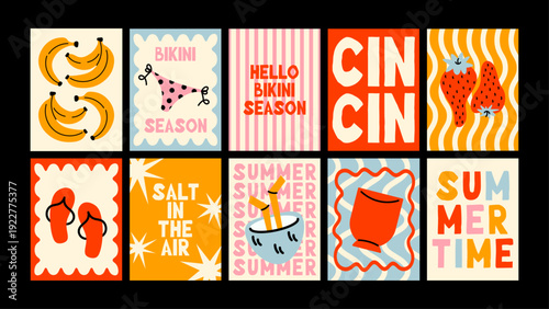 Ocean vibe wall art featuring bikinis, sunny shores and playful summer elements. Minimalist cartoon posters perfect for prints, wallpapers and postcards.