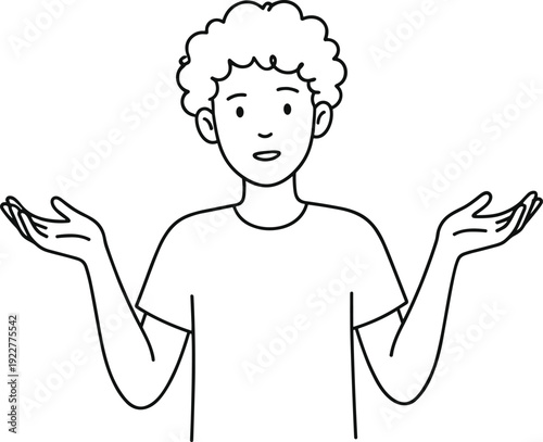 Confused young person shrugging shoulders, uncertainty and doubt concept, minimal line art illustration isolated white background