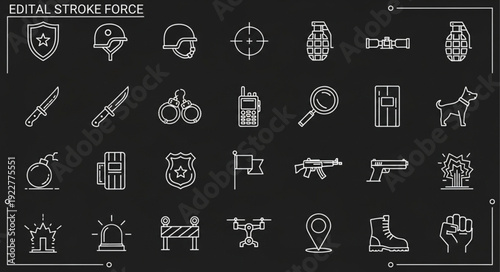 Police and Military Equipment Icons Set.