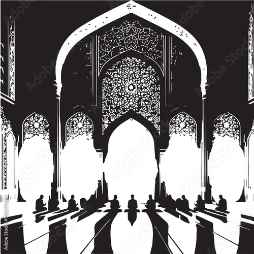 Black Mosque interior prayer row Silhouette Vector, High Quality Illustration on White Background