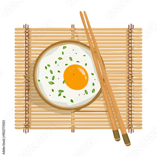 Blue takeout box of ramen noodles with egg and many chopsticks served on a bamboo mat Vector Illustration