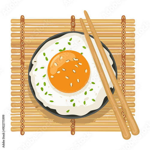 Blue takeout box of ramen noodles with egg and many chopsticks served on a bamboo mat Vector Illustration