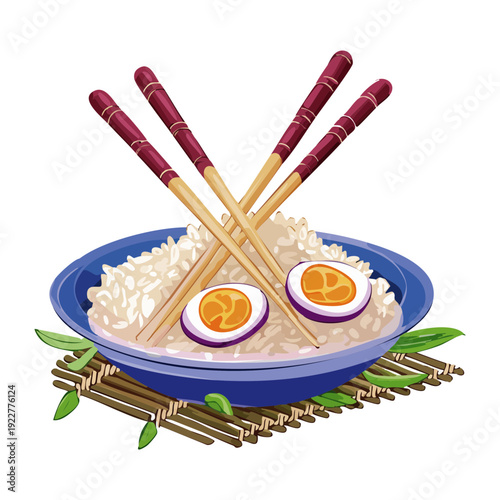 Blue takeout box of ramen noodles with egg and many chopsticks served on a bamboo mat Vector Illustration