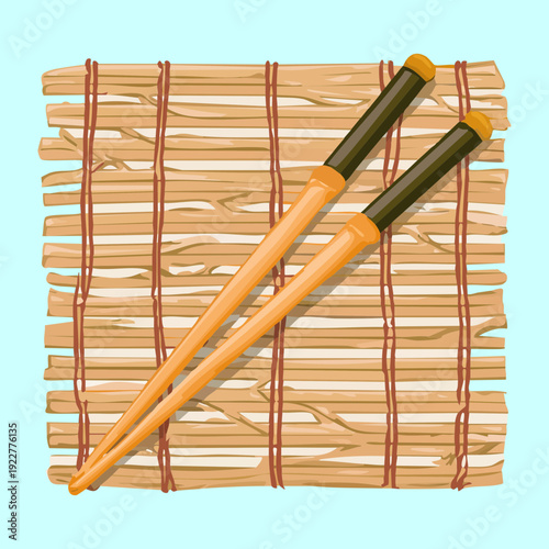 Blue takeout box of ramen noodles with egg and many chopsticks served on a bamboo mat Vector Illustration
