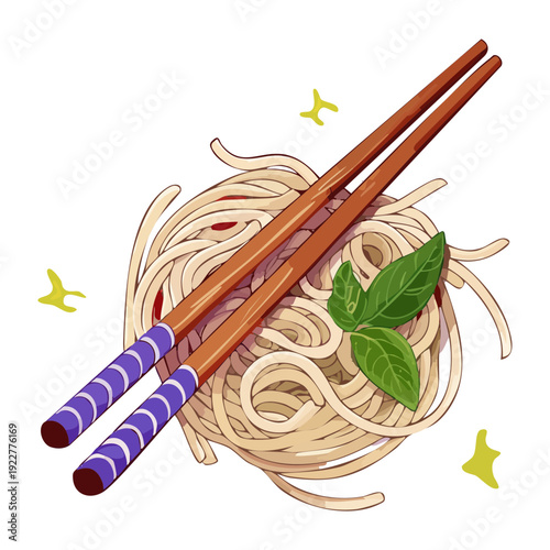 Blue takeout box of ramen noodles with egg and many chopsticks served on a bamboo mat Vector Illustration
