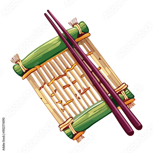 Blue takeout box of ramen noodles with egg and many chopsticks served on a bamboo mat Vector Illustration