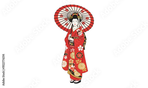 Japanese Woman in Red Kimono Holding Wagasa Umbrella