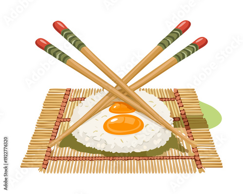Blue takeout box of ramen noodles with egg and many chopsticks served on a bamboo mat Vector Illustration