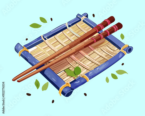 Blue takeout container of ramen noodles with egg and many chopsticks served on a bamboo mat Vector Illustration