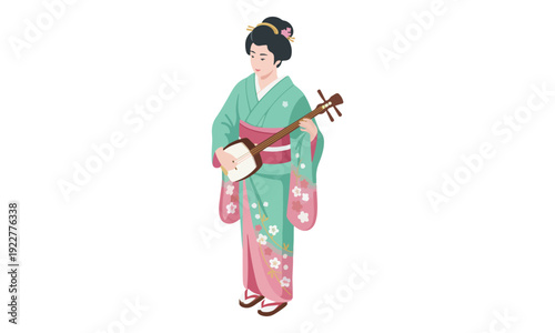 Japanese Woman Playing Shamisen in Traditional Kimono