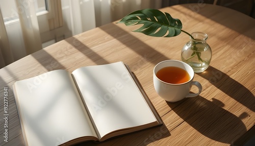 A minimalist aesthetic scene of a wooden table with a cup of herbal tea, an open journal, and a single monstera leaf in a vase, soft morning sunlight with shadows, peaceful atmosphere, high-end lifest