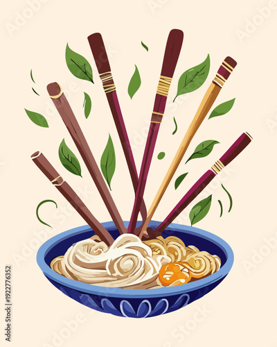 Blue takeout box of ramen noodles with egg and many chopsticks served on a bamboo mat Vector Illustration