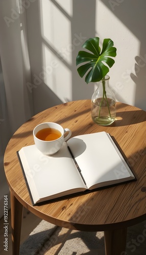 A minimalist aesthetic scene of a wooden table with a cup of herbal tea, an open journal, and a single monstera leaf in a vase, soft morning sunlight with shadows, peaceful atmosphere, high-end lifest