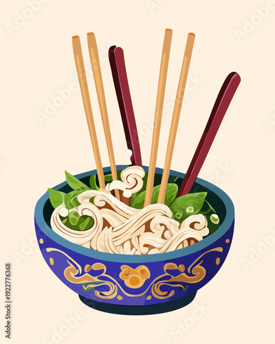 Blue takeout box of ramen noodles with egg and many chopsticks served on a bamboo mat Vector Illustration