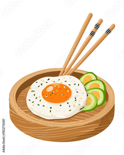 Blue takeout container of ramen noodles with egg and many chopsticks served on a bamboo mat Vector Illustration