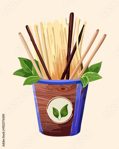 Blue takeout box of ramen noodles with egg and many chopsticks served on a bamboo mat Vector Illustration