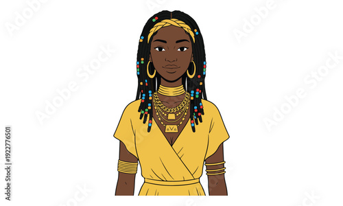 Black Woman Portrait with Braids and Gold Jewelry Illustration
