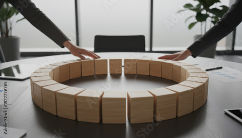 Wallpaper Mural Circular Wooden Blocks Toy Ring on Conference Table with Hands Torontodigital.ca