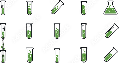 Laboratory test tube icon set flat vector collection of science glassware with green liquid chemistry experiment isolated on light background