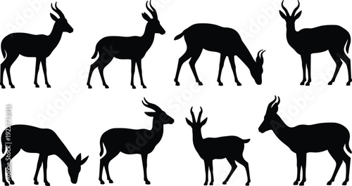 Black antelope silhouettes in varied poses with slender bodies, curved horns, and grazing details, ideal for wildlife art design