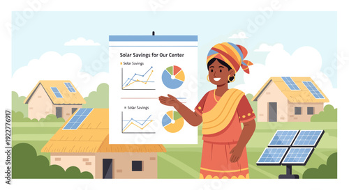 Woman presenting solar energy benefits with charts and graphs.